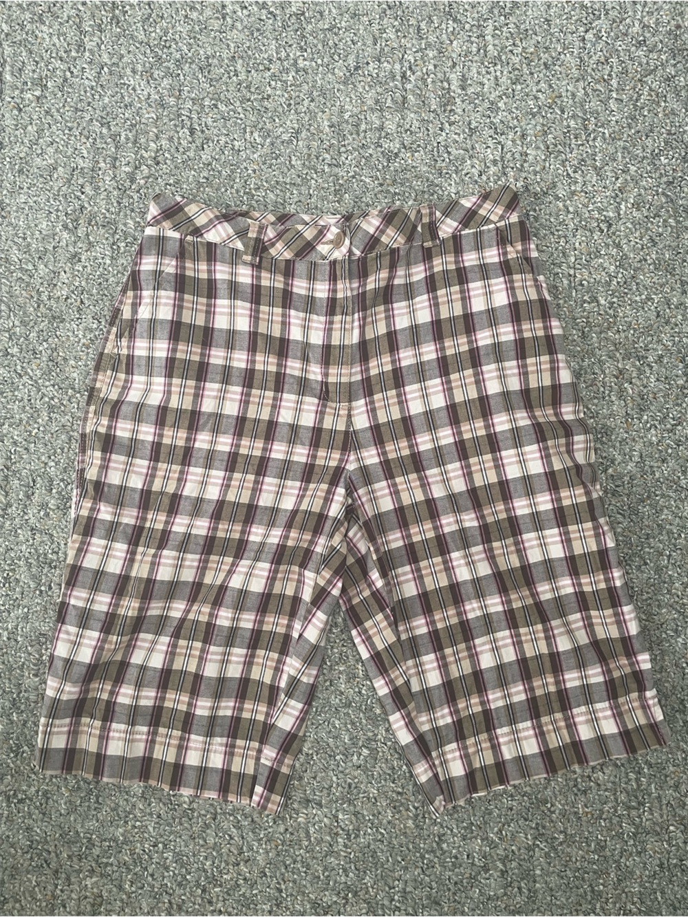 Brown and pink plaid Bermuda shorts